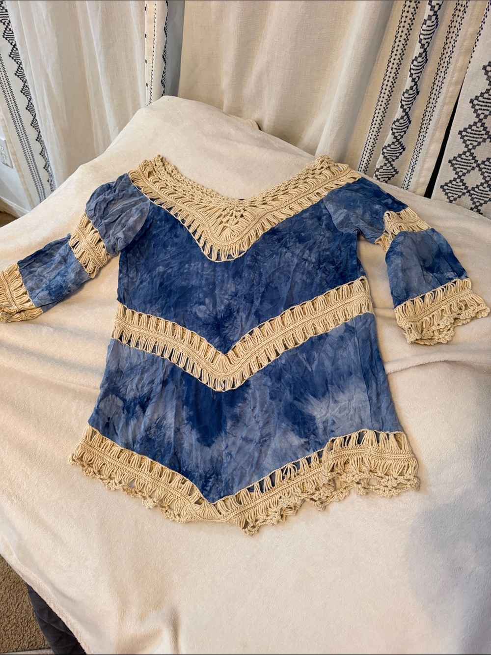By The Sea Blue Tie-Dye Crochet Trim Women's Cover Up Tunic